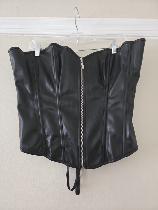 None Tops - Black Faux Leather Zip-Front Corset Top